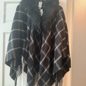 J. Crew Factory Black and White Plaid Wrap with Faux Fur Collar